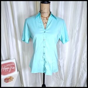 ICO Mint Blue Short Sleeve Button Down Blouse Size Medium